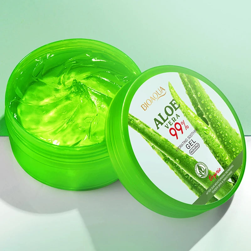 Rejuvenating facial cream with 99% aloe vera extract and moisturizer for facial skin care.