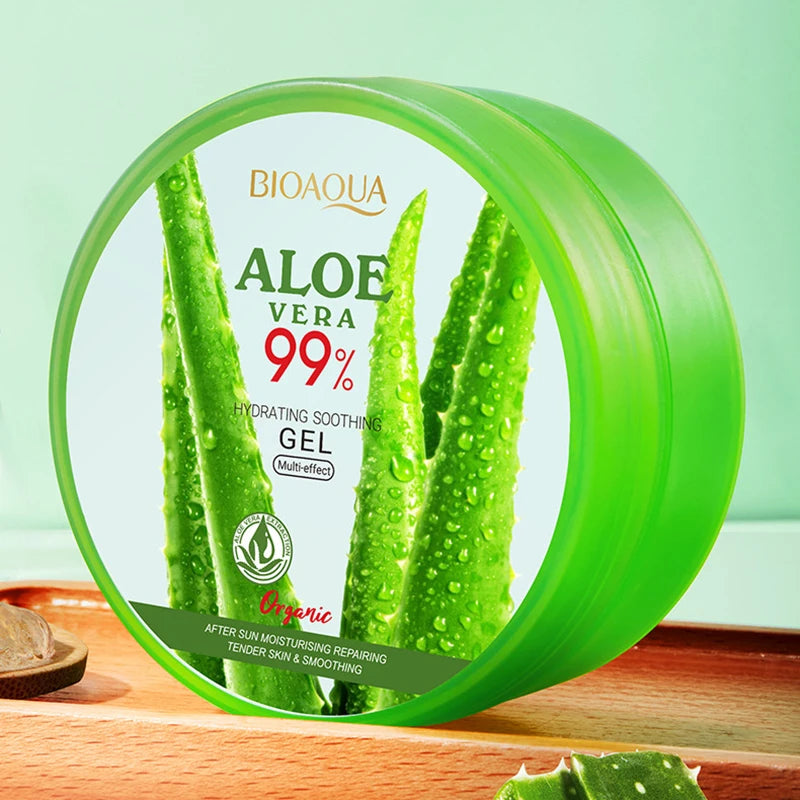 Rejuvenating facial cream with 99% aloe vera extract and moisturizer for facial skin care.