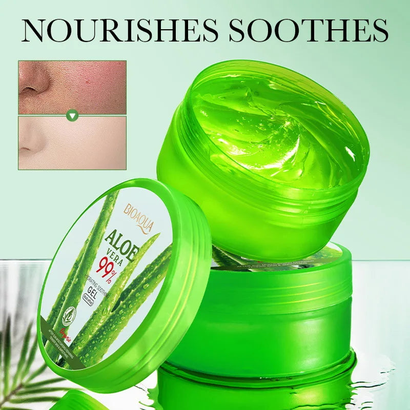 Rejuvenating facial cream with 99% aloe vera extract and moisturizer for facial skin care.