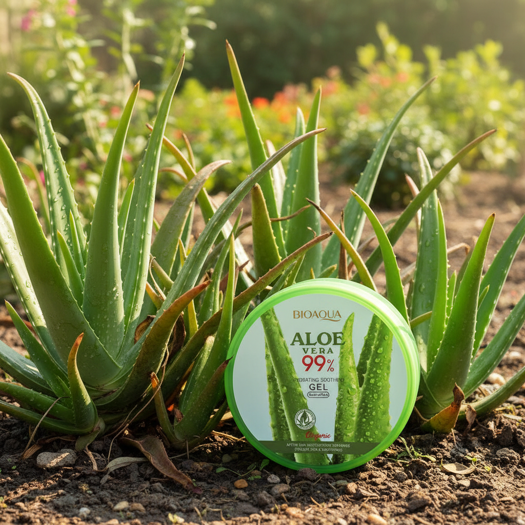 Rejuvenating facial cream with 99% aloe vera extract and moisturizer for facial skin care.
