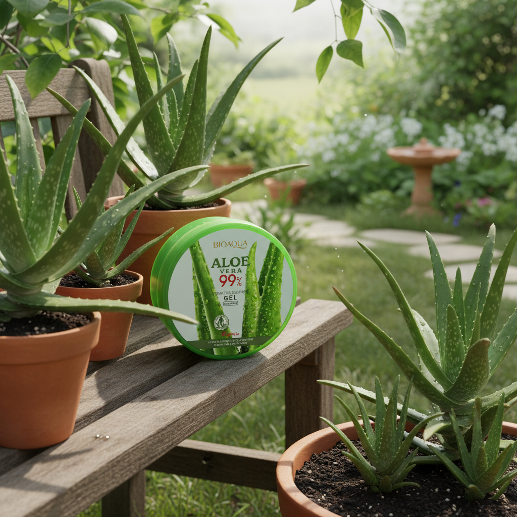 Rejuvenating facial cream with 99% aloe vera extract and moisturizer for facial skin care.