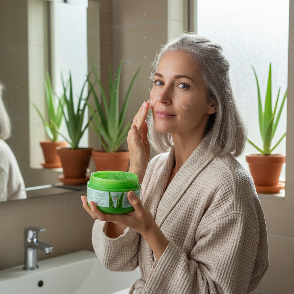 Rejuvenating facial cream with 99% aloe vera extract and moisturizer for facial skin care.