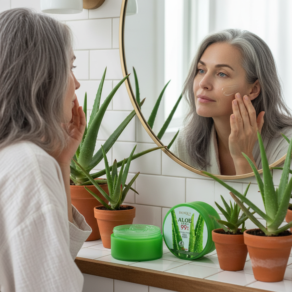 Rejuvenating facial cream with 99% aloe vera extract and moisturizer for facial skin care.